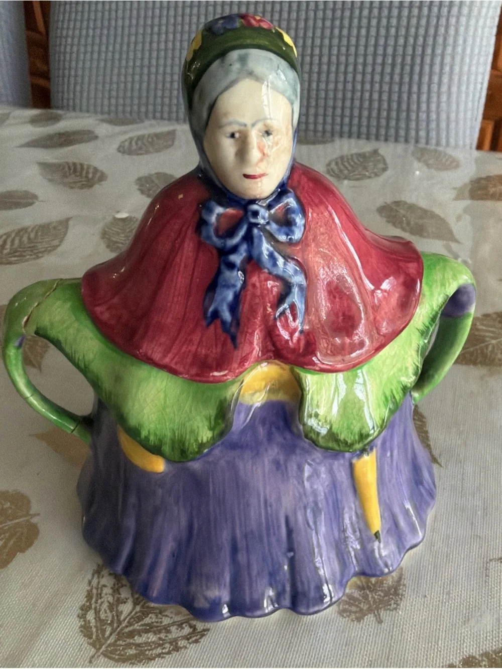 Hand-Painted Vintage Ceramic Figurine Sugar Bowl in Purple, Green, Red English